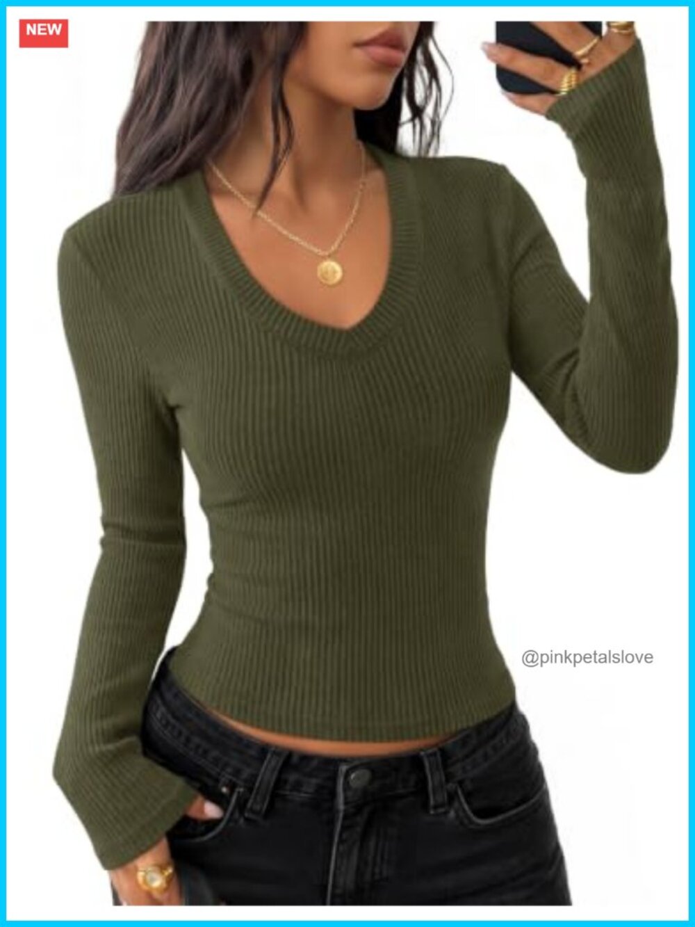 Womens Ribbed Knit V Neck Long Sleeve Fitted Top Slim Fit